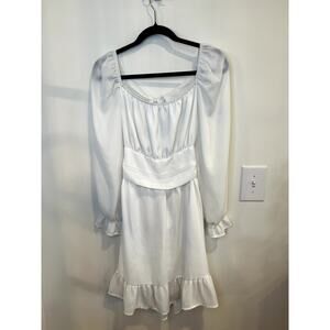 White Cottagecore Mini Dress Womens M Puff Sleeve Tie Back Babydoll Boho Bridal
